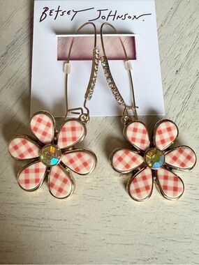 Betsey Johnson Pink Gingham Flower Drop Earrings with Rhinestone Accents